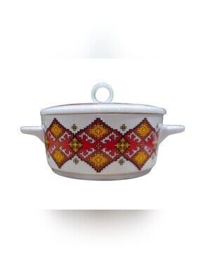 Vintage Enesco Porcelain Bowl W/Lid In a Vibrant, Aztec Southwestern-Style Print